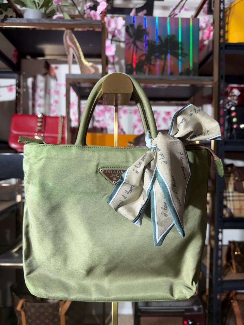 Prada Olive Green Nylon Top-Handle Tote with Scarf Bow